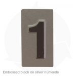 embossed black on silver metallic numeral